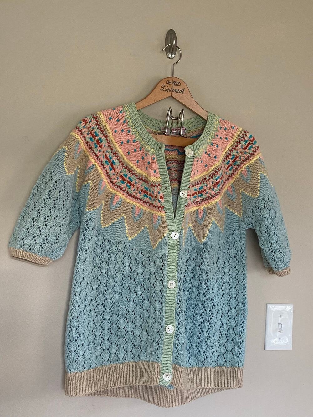 Putumayo New York vtg fair isle colorful knit short sleeve cardigan sweater L